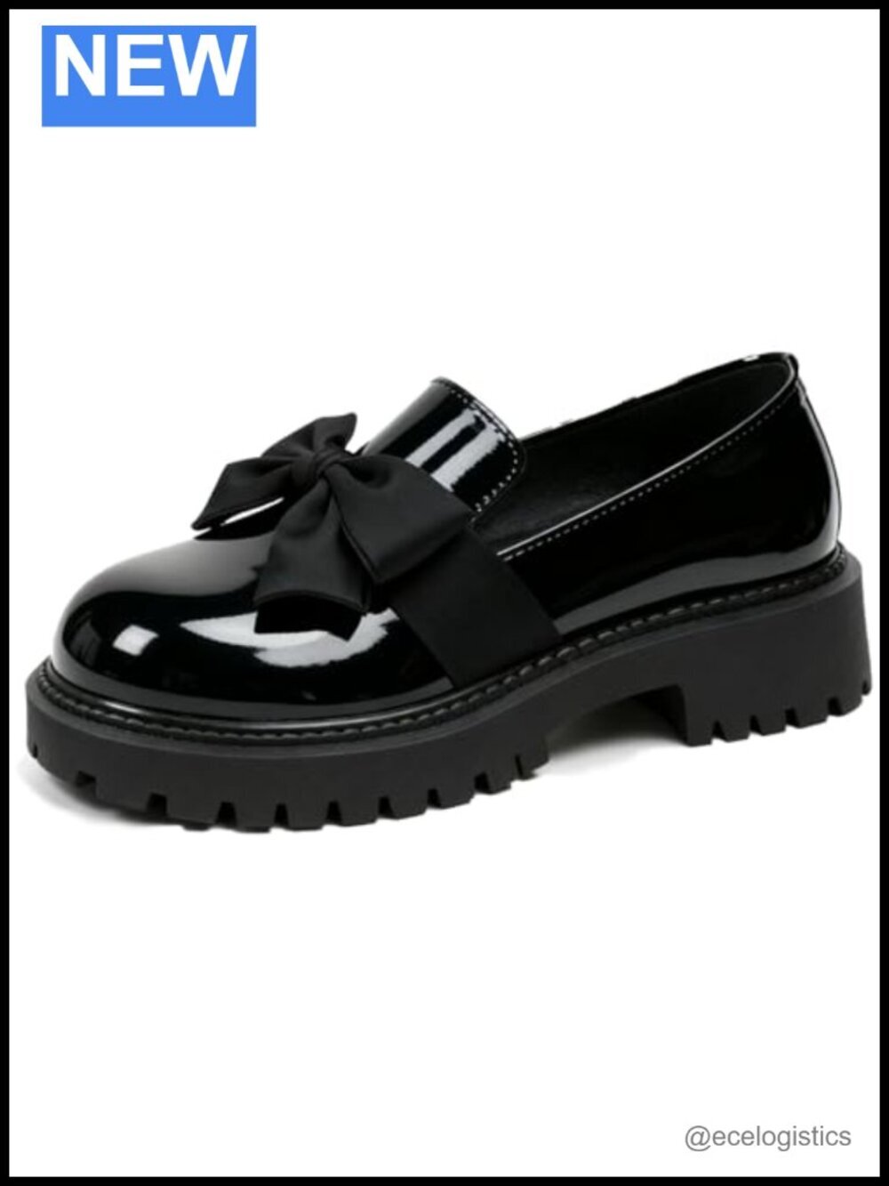 Patent Leather Chunky Heel Loafers Bow Round Toe Platform Lug Sole Non-Slip